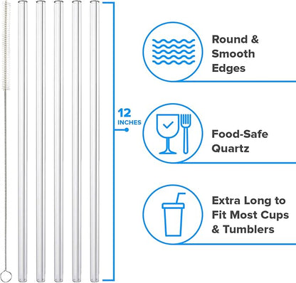 PhoneSoap Last Straw 12" Long Reusable Drinking Straws for Cold & Hot Drinks - Clear Quartz, Dishwasher Safe, Easy to Clean - 5 Pack With Cleaning Brush