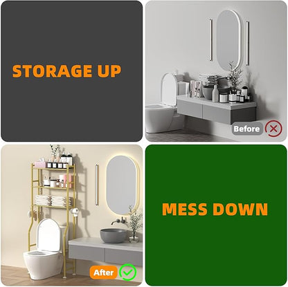 3-Tier Over Toilet Storage with Anti-Tilt Safety System - 150lb Total Capacity Metal Bathroom Shelves Including Paper Holder & 4 Hooks, Space Saving Above Commode Organizer (64" H, Gold)