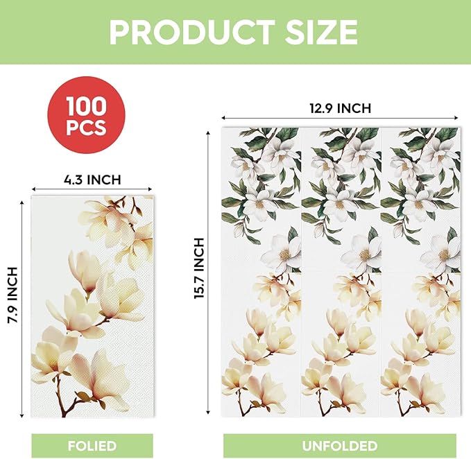 Horaldaily 100 Disposable Paper Decorative Guest Napkins, Magnolia Grandiflora Hand Towel for Party Lunch Dinner Kitchen Bathroom
