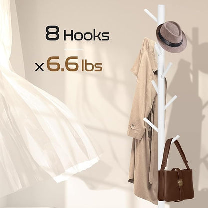 Solid Wooden Coat Rack Freestanding, New Zealand Pine Coat Tree with 8 Hooks & 3 Adjustable Sizes for Coats, Hats, Handbags and Scarves, Space Saving for Entryway/Office/Bedroom (White)