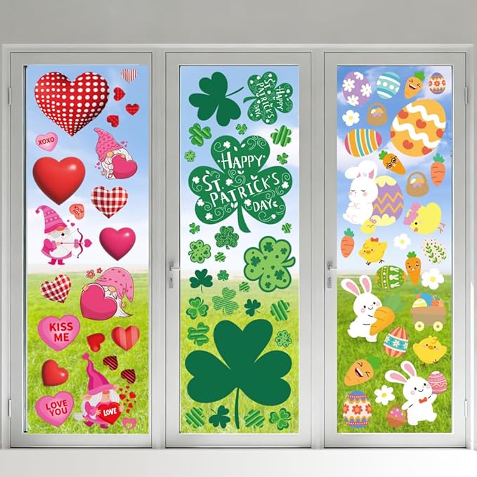 Valentines Day Window Clings for Valentines Decorations, Reusable Static Shamrock Window Clings for St Patricks Day Decorations, Easter Decor for Home, Bathroom and Office