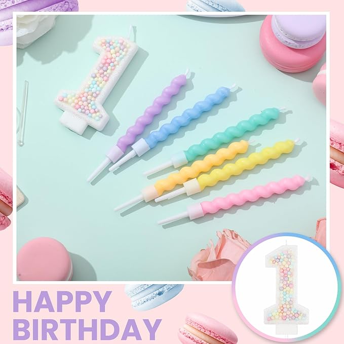 MTLEE Number 1 Birthday Candle with 12 Pcs Spiral Candles for Girls Macaron Pastel Rainbow Unicorn Pink Cake Topper for Sweet Theme Party Decoration