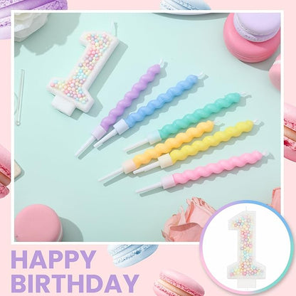 MTLEE Number 1 Birthday Candle with 12 Pcs Spiral Candles for Girls Macaron Pastel Rainbow Unicorn Pink Cake Topper for Sweet Theme Party Decoration