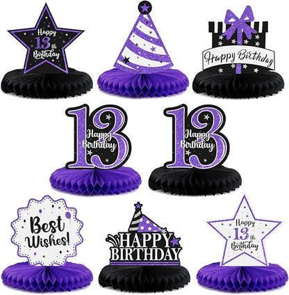Happy 13th Birthday Decorations,13th Birthday Purple Glitter Shiny Stand Honeycomb Table Centerpieces - Cheers to Thirteen Years Old Birthday Party Photoprop Gift Sign.