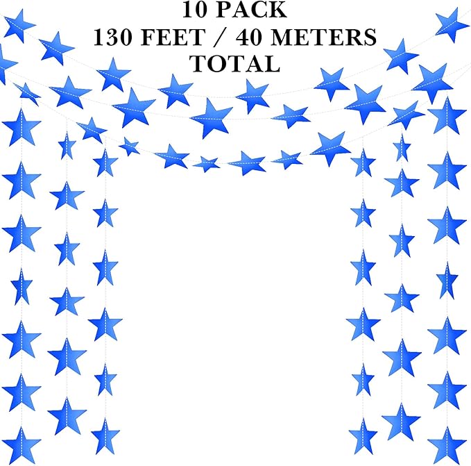 Patelai Glitter Star Garland Banner Christmas Decor 130 Feet Star Hanging Bunting Banner Twinkle Backdrop for Homecoming Classroom Wedding Birthday Halloween Party Supplies(Royal Blue)
