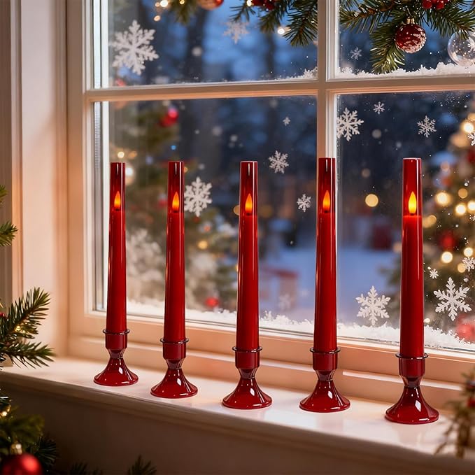 Lezonic Flameless Windows Candles Battery Operated with Timer Remote, 6Pcs Red Acrylic Flameless Candlesticks with Holders, LED Taper Candles Flickering for Halloween Christmas, 0.8 x 8 inches