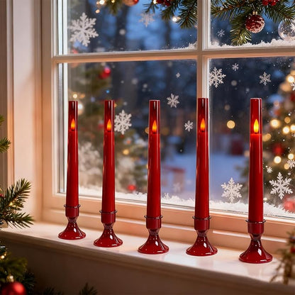 Lezonic Flameless Windows Candles Battery Operated with Timer Remote, 6Pcs Red Acrylic Flameless Candlesticks with Holders, LED Taper Candles Flickering for Halloween Christmas, 0.8 x 8 inches
