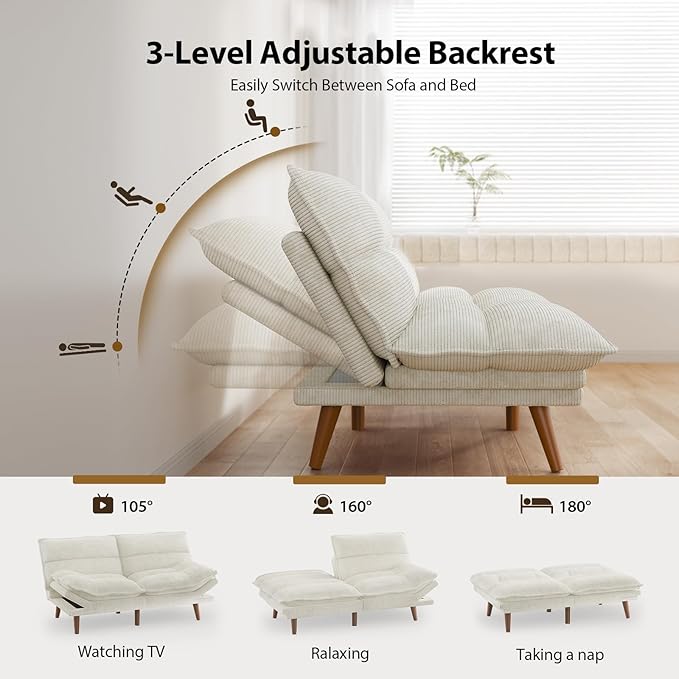 Pipishell Futon Sofa Bed, Convertible Futon Adjustable Backrest & Armrests, Corduroy Sleeper Couch for Small Spaces, Living Room, Office, Guest Room (Pearl White, 66 Inch)