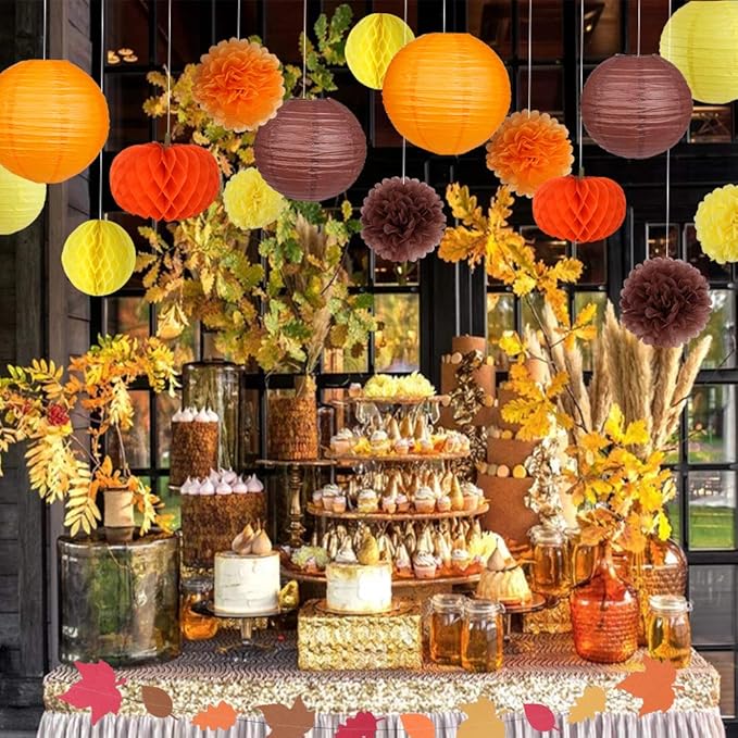 Thanksgiving Party Decorations Supplies Kit Hanging Paper Lantern Tissue Honeycomb Ball Pom Poms Flowers Pumpkins Maple Leaf Garland for Fall Birthday Baby Showers Home Decor Indoor Outdoor
