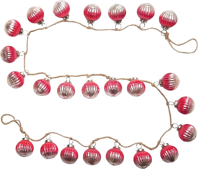 Creative Co-Op Embossed Mercury Glass Ball Ornament Garland with Jute Cord, Fuchsia Color and Silver Ombre