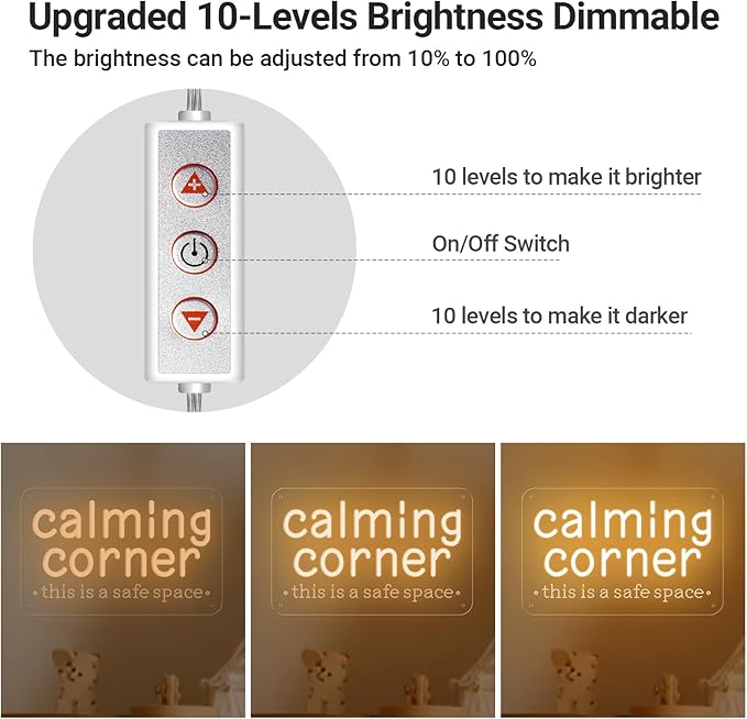 Calming Corner Neon Sign for Classroom Decor Warm White, Dimmable Calm Down Corner Led Light Sign for Kids Room Classroom Library School Therapy Office, Gifts USB Powered for Home Preschool 12"X7.6"