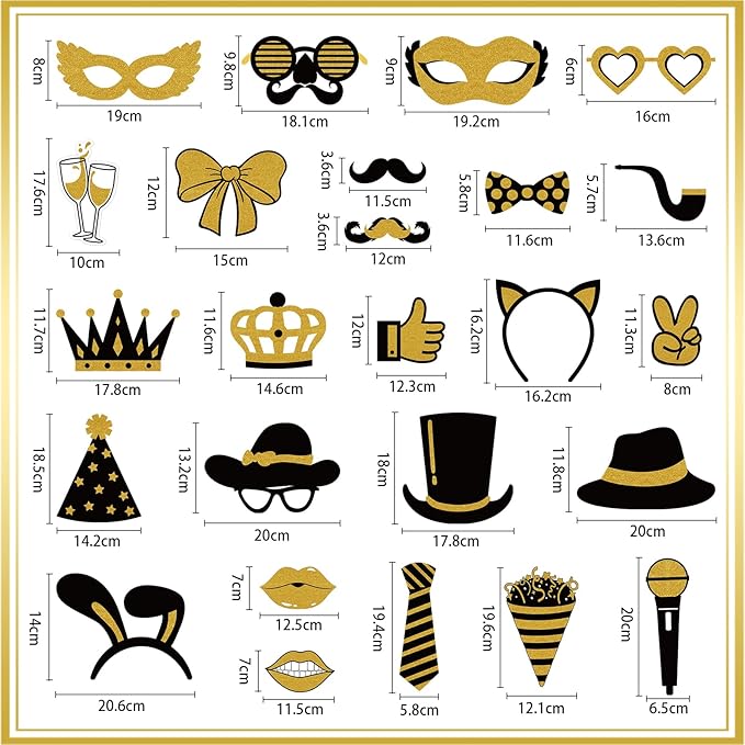 Photo Booth Props, Kaluofan 25PCS Black and Gold Party Decorations, Funny Photo Party Props Accessories for Adults and Kids, Photo Booth Props for Wedding Birthday Christmas New Year‘s Eve
