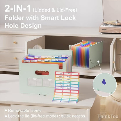 ThinkTex Accordion File Organizer, 12 - Pocket Expanding File Folders for Paper Receipts, Bills & Taxes Organizer, Letter/A4 Size Document Holder for School, Office, Home with tabs-Sage Green