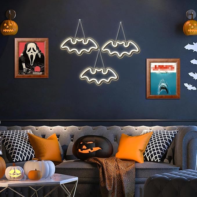 NOSUN 3 Bats Shape Neon Signs Night Lights Warm White Bats LED Light for Bedroom Bar Wall Halloween Decor Home Cafe Recreation Room Wall Artwork