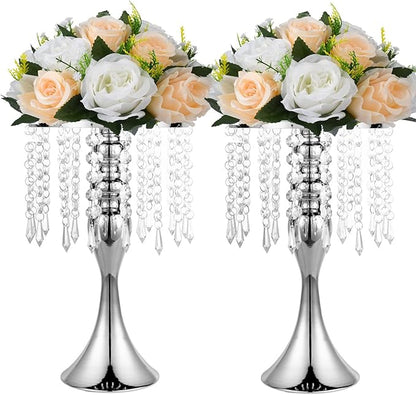 LANLONG Set of 2 Crystal Centerpieces for Tables Silver Metal Flower Vase Stand for Wedding Party Reception Home Decor