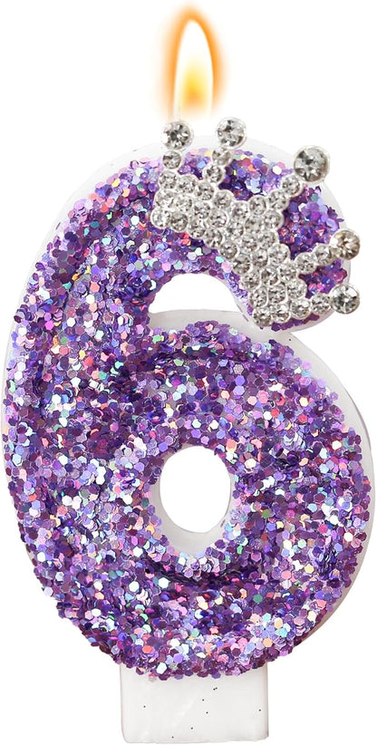Birthday Number Candles,Purple Crown Birthday Candles for Cake,Glitter Number 6 Candle Cake Topper with Sequins for Anniversary Celebrations Supplies (Number 6)