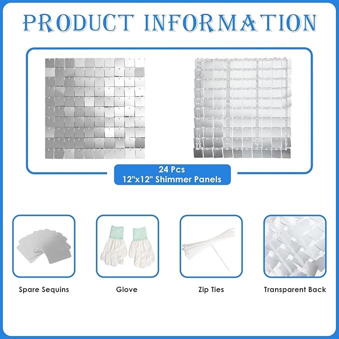 Shimmer Wall Backdrop Silver Square Sequin Wall Panel Backdrop Decor for Wedding, Anniversary, Birthday, Party, 24 Panels