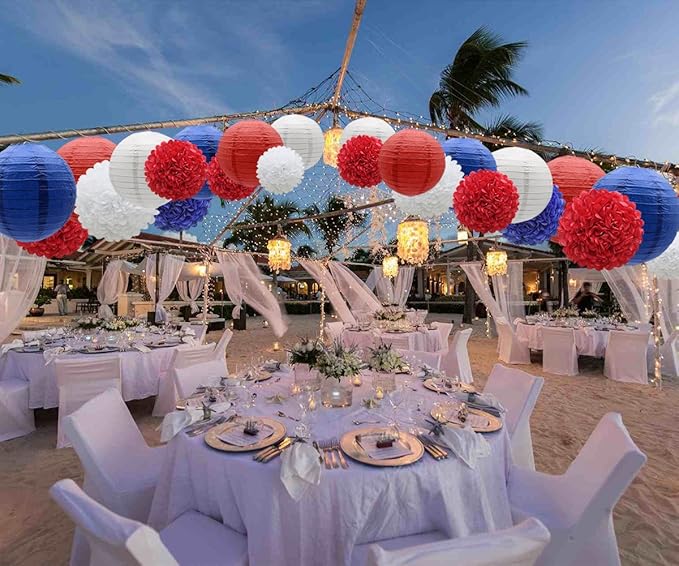 KAXIXI Hanging Party Decorations Set, 15pcs Navy Blue White Red Paper Flowers Pom Poms Balls and Paper Lanterns for 4th of July Decorations Patriotic Decoration Wedding Birthday Baby Shower