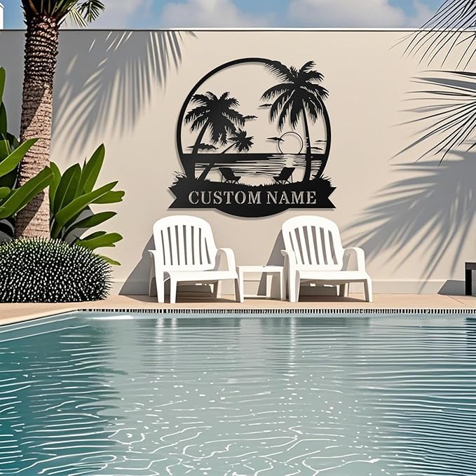 Custom Beach Metal Sign - Personalized Family Name Sign, Tropical Palm Trees Sign, Custom Last Name Sign, Beach Coastal Lake House Decor, Gift for Mother's Day, Housewarming Wedding Outdoor Patio Pool