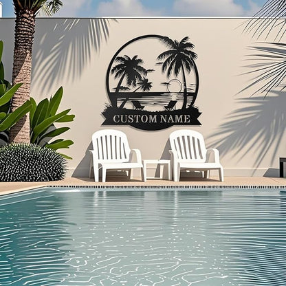 Custom Beach Metal Sign - Personalized Family Name Sign, Tropical Palm Trees Sign, Custom Last Name Sign, Beach Coastal Lake House Decor, Gift for Mother's Day, Housewarming Wedding Outdoor Patio Pool