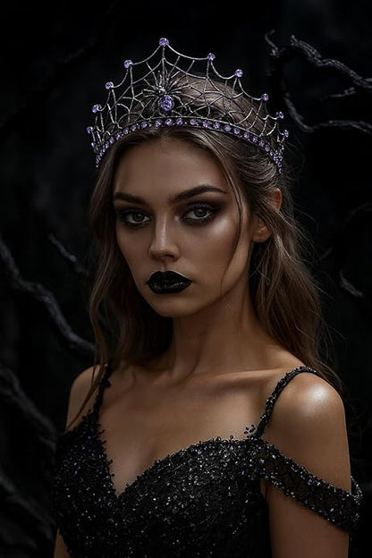 Gothic Black Spider Web Crown for Women Dark Queen Crystal Tiara Metal Headpiece Vampire Cosplay Masquerade Party Prom Night Witch Sorceress Costume Accessory