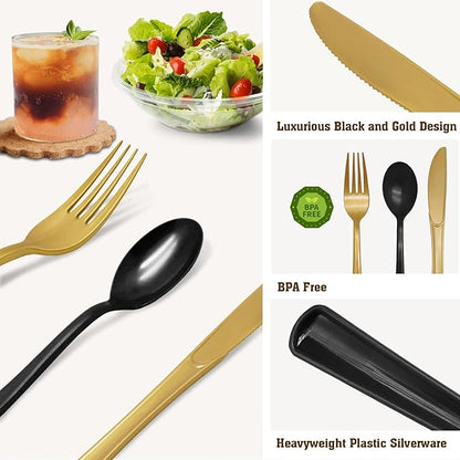 150 Pieces Black and Gold Plastic Silverware Heavy Duty 75 Black Plastic Utensils and 75 Gold Cutlery Tableware Sets Includes Spoons Forks Knives for Birthday Party, 2026 New Year