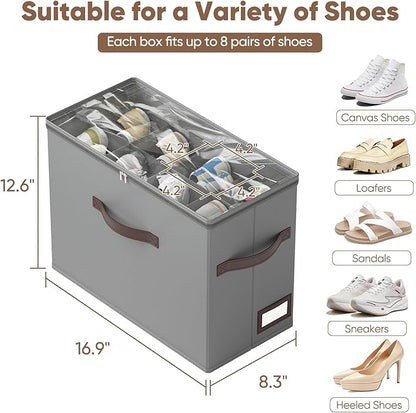OIAHOMY 2 Pack Shoe Organizer for Closet, Foldable Shoe Storage Bins with Adjustable Dividers, Stackable Oxford Cloth Sneaker Boxes for Entryway Bedroom, Fits Up to 16 Pairs, Grey