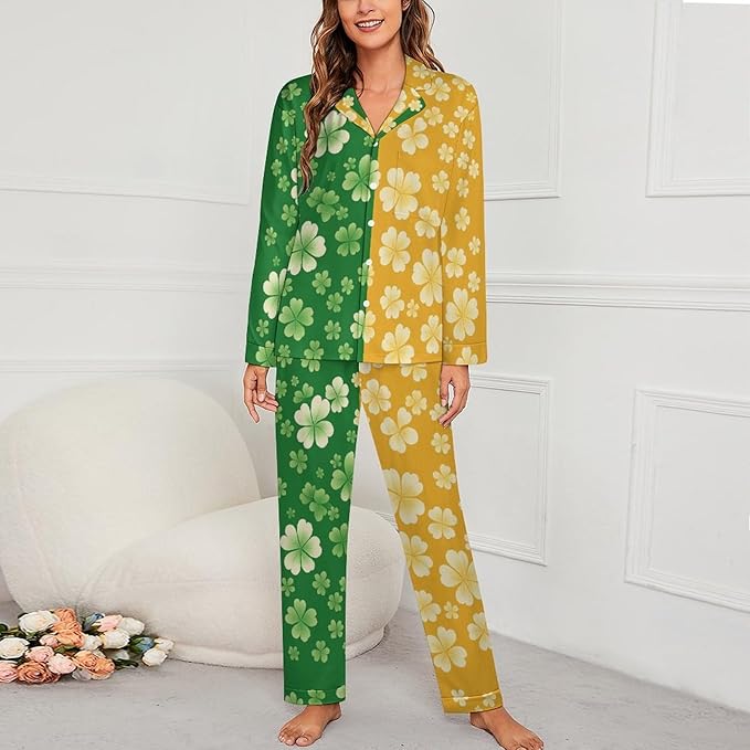 Lemons Leaves Ceramic Style Womens Pajama Set Long Sleeve Pajamas Top And Pants Soft Loungewear Pjs Sets