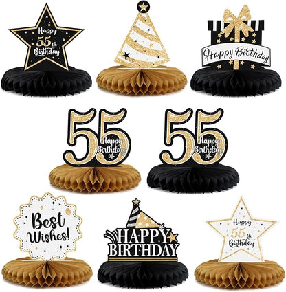 Happy 55th Birthday Decorations,55th Bday Gold Glitter Shiny Stand Honeycomb Table Centerpieces - Cheers to 55 Years Old Birthday Party Photoprop Gift Sign.