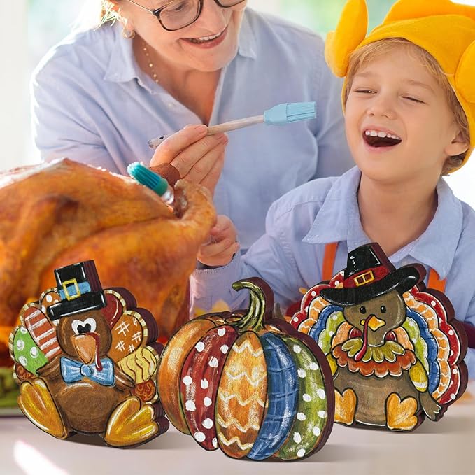Smile 3 Pcs Wooden Blocks Pumpkin Turkey Signs, Thanksgiving Decor Indoor, Table Tiered Tray Kitchen Decorations