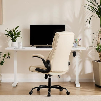 Sweetcrispy Ergonomic Computer Gaming Office Chair Set of 2, Heavy Duty Task Desk Swivel Rolling Chairs with Wheels, Flip-up Arms, Adjustable Height, PU Leather,Cream White