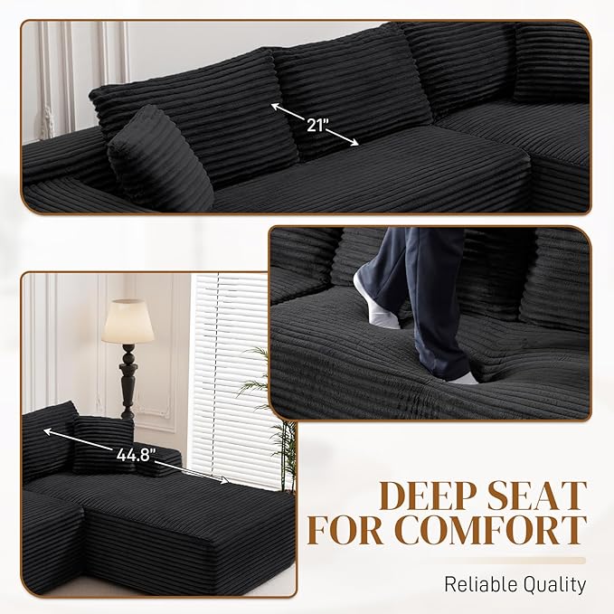 95" L Shaped Boneless Sectional Couches, Wide Armrest, Deep Seat, Memory Foam, Assembly Free, Modern Comfy Corduroy Fluffy Cloud Sofa with Right Chaise for Living Room, Small Spaces, Black
