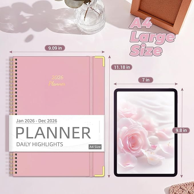 Daily Planner 2026 (8.5" x 11") - Weekly & Monthly Planner (Jan. 2026 - Dec. 2026), Column View Calendar Organizers, Hardcover Agenda Book with Tabs for Office & School, Pink