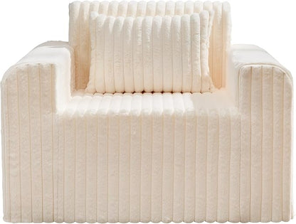 Hobestluk Single Sofa Foam Couch Sofa for Small Spaces Comfy Sofas with Removable Cover Furry Couch with Pillows for Living Room, Bedroom, Apartment, Office (White, Standard)