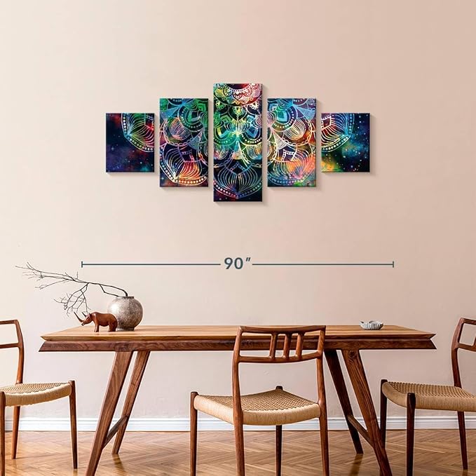 ElephantStock - Celestial Mandala Wall Art - Horizontal Multi Panel Canvas - 5 Piece Living Room Wall Decor - Digital Art Elements Multi Piece Wall Art - Turquoise And Blue Decor - 74" x 34"