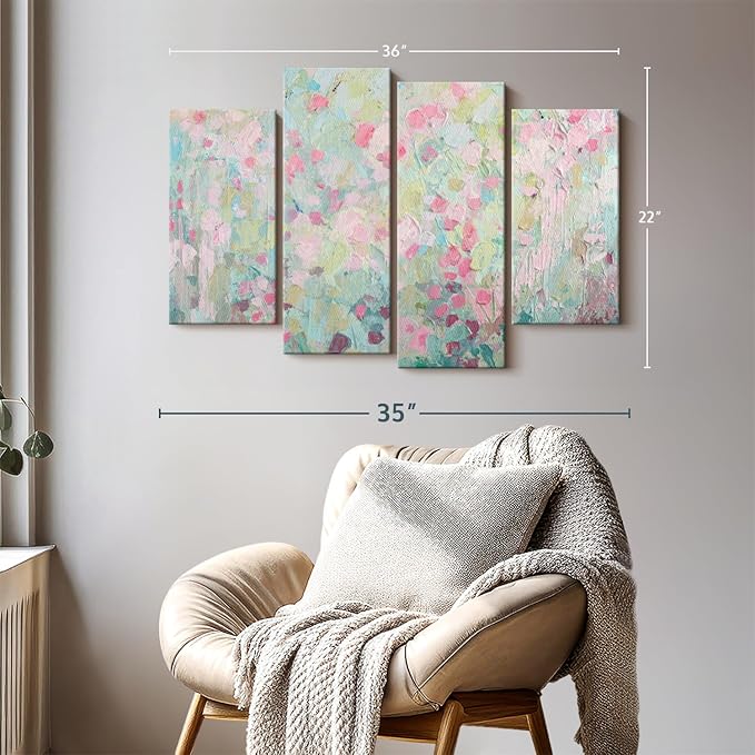 Elephant Stock Dancing Sakura Tree Wall Art - Horizontal Canvas - 4-Piece Living Room Wall Decor - Painting Abstract Canvas Print - Pink and Blue Decor for Wall by Ann Marie Coolick - 36" X 22"