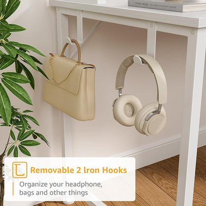 DLisiting White Computer Desk with Hutch & Drawers - Office Desk with 3 Storage Drawers and Power Outlets, 47 Inch Modern Study Writing Desk for Bedroom Home Office