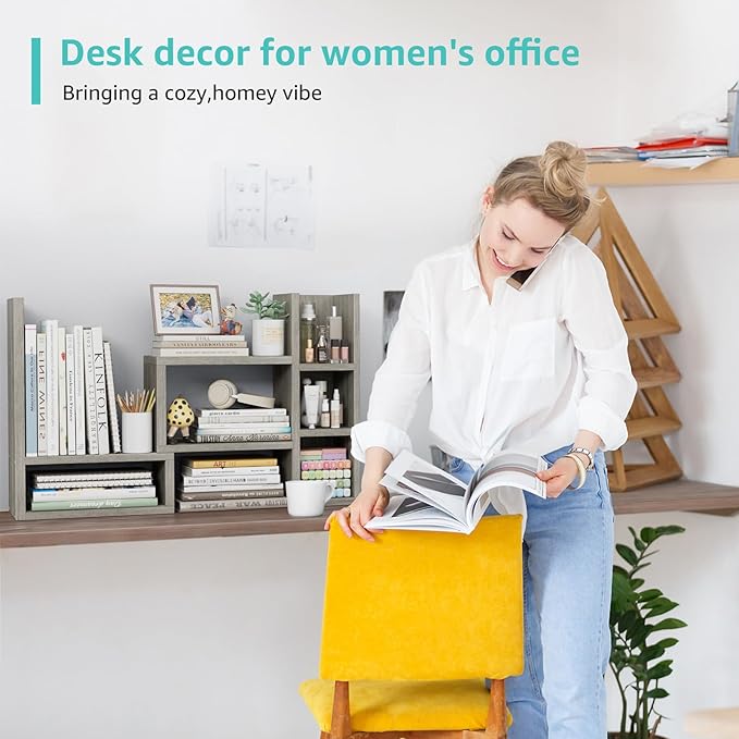 Desk Shelves Desktop Organizer Shlef - Grey Office Organization for Top of Desk Organizers and Accessories Corner Bookshelf Table Top Shelving Small Hutch Decorations for Office