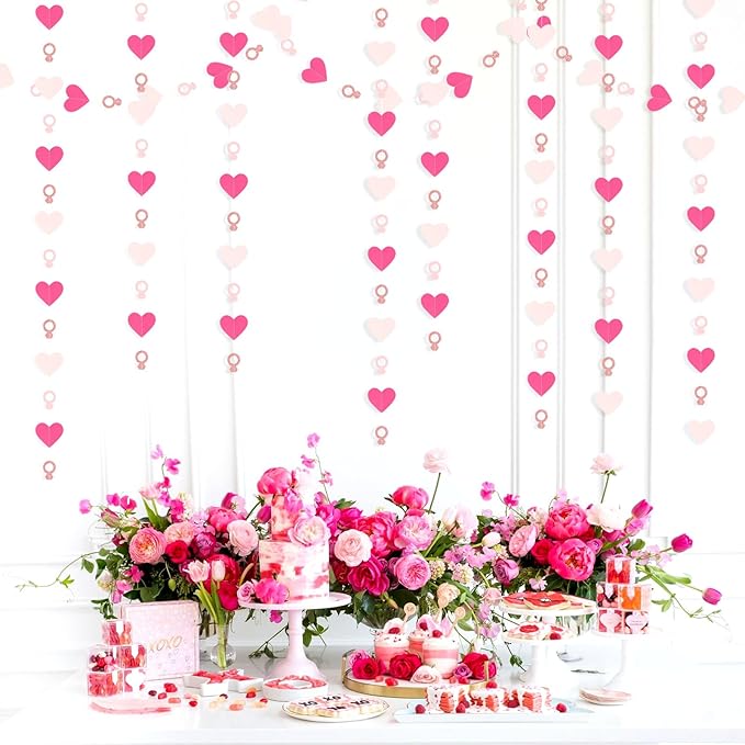Hot-Pink Rose Gold Heart-Ring Garland - 52Ft Engagement Bachelorette Party Decorations Wedding Paper Streamers Banner, Galentines Proposal Decor Lasting Surprise