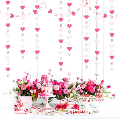 Hot-Pink Rose Gold Heart-Ring Garland - 52Ft Engagement Bachelorette Party Decorations Wedding Paper Streamers Banner, Galentines Proposal Decor Lasting Surprise