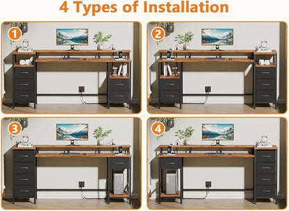 61 Inch Gaming Desk with Power Outlets and LED Lights, Reversible Computer Desk with 5 Fabric Storage Drawers, Home Office Desk with Monitor Stand for Working Writing Study, Rustic Brown