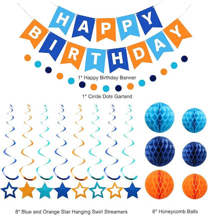 meowtastic Birthday Decorations, Happy Birthday Banner with Honeycomb Balls, Star Hanging Swirl Streamers, Circle Dots Garland, Happy Birthday Party Decorations for Women Girls (Blue & Orange)