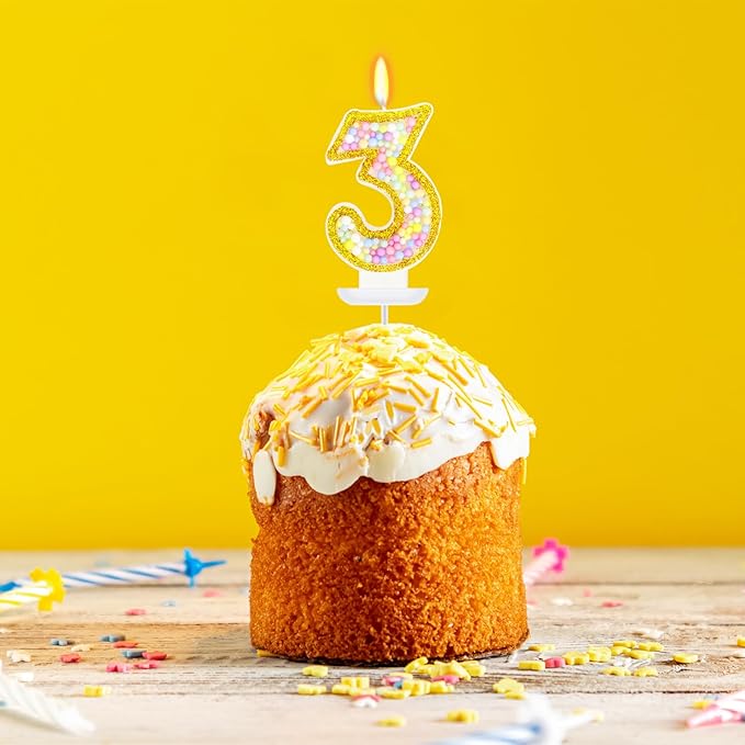 3rd Birthday Candle for Cake, Colorful Macaron Numeral Candles for Girls/Boys, Birthday Party Cake Decorations, Golden Cake Topper for Birthday Party Supplies (Number 3)