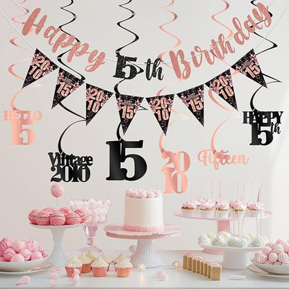 15th Birthday Decorations for Girls, Black Rose Gold Happy 15th Birthday Banner Hanging Swirls Vintage 2010 Birthday Decorations Kit Hello 15 Party Supplies
