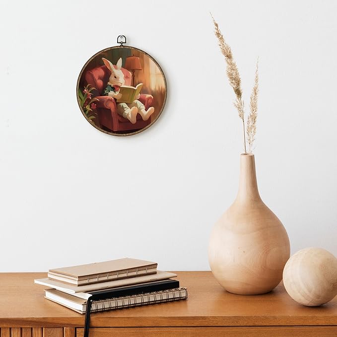 TLESKE Bunny Rabbit Reading Corner Nook Round Wall Art Decor Framed 10x10, Easter Bunny Canvas Wall Art Prints Artwork, Rabbit Wall Hanging Room Door Decorations Decor for Bedroom Reading Room