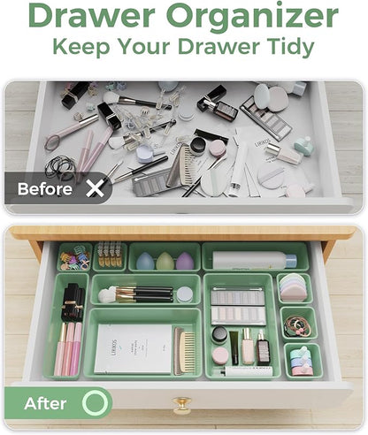 25 PCS Plastic Drawer Organizers Set, 4-Sizes Vanity and Makeup Organizer, Desk and bathroom Drawer Organizer Trays, Organizers and Storage for Makeup, Jewelry, Gadgets, Utensils (Green)