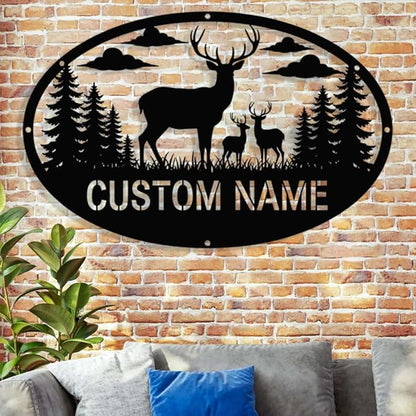 Personalized Deer Metal Sign,Custom Oval Hunting Scene Wall Art with Family Deer and Trees,Rustic Cabin Lodge Outdoor Decor, Farmhouse Name Plaque, Gift for Hunters, Men, Dad, Anniversary