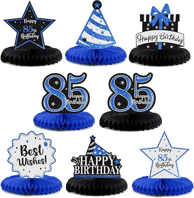 Happy 85th Birthday Decorations,85th Bday Blue Glitter Shiny Stand Honeycomb Table Centerpieces - Cheers to 85 Years Old Birthday Party Photoprop Gift Sign.