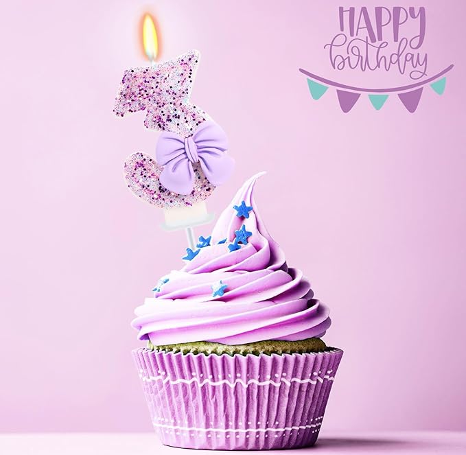 Birthday Candle for Cake, 3 Candle - Purple Glitter with Bowknot, 2.76 inch Cake Topper Decoration for 3 Years Old Birthday Party (Number 3)