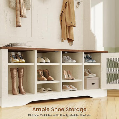 Itaar Hall Tree with Bench and Shoe Storage, 5-in-1 Entryway Bench with Coat Rack, 10 Shoe Cubbies & 9 Coat Hooks, Barn Door & Adjustable Shelf (White)